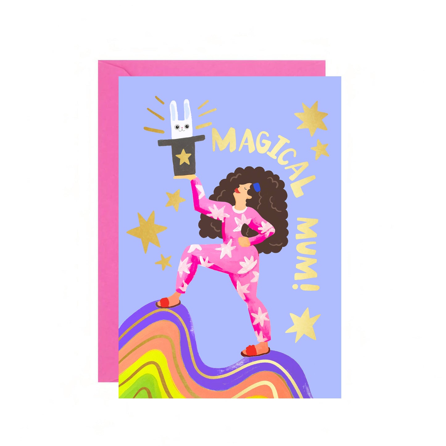 Greeting card with illustration of a woman in a pink outfit performing a magic trick, with stars and 'Magical Mum!' text on a purple background.