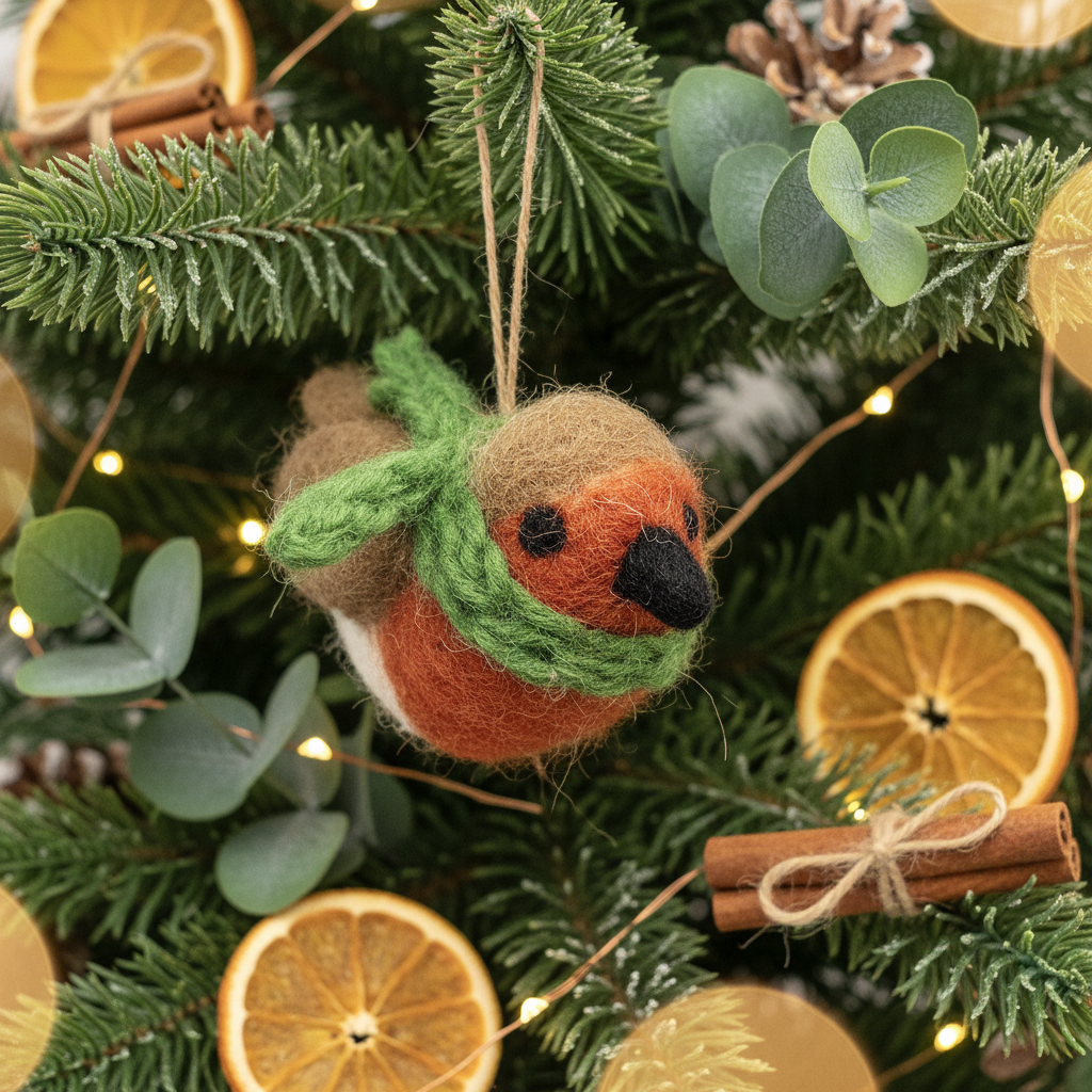 A felted wool robin Christmas ornament wearing a green knit scarf, hanging on a decorated Christmas tree with eucalyptus leaves, dried orange slices, cinnamon sticks, and warm string lights.