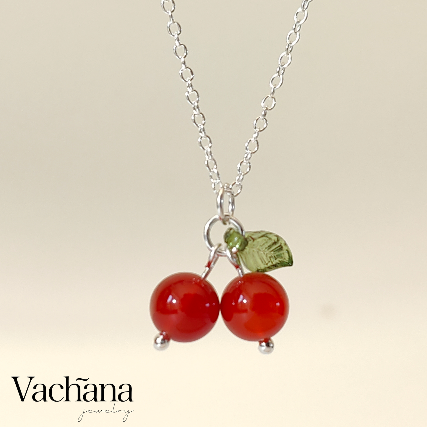 Cherry pendant with acrylic leaf on sterling silver chain,