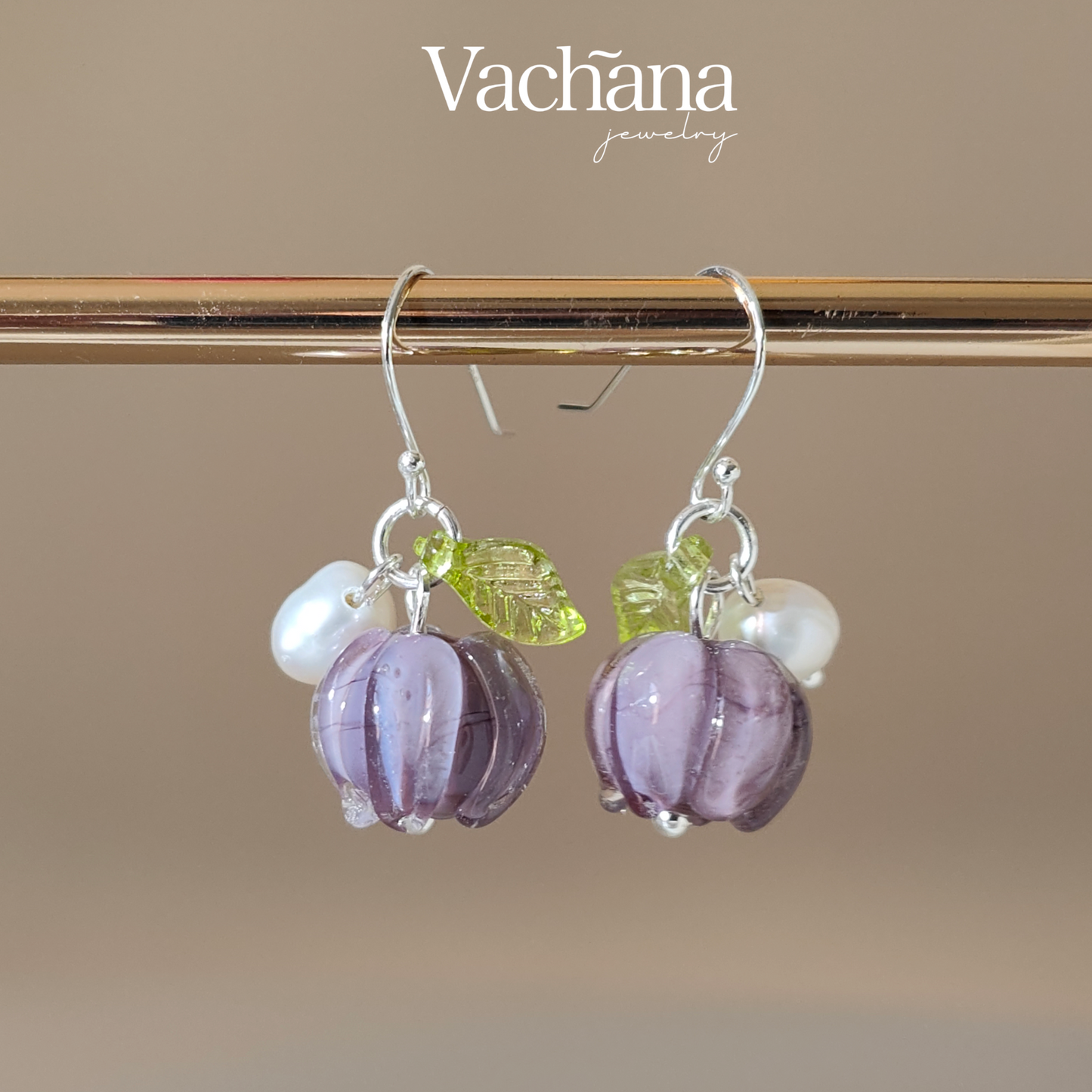 Glass flower bead with pearl and glass leaf on sterling silver hooks