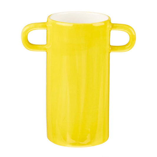 Yellow vase with handles and black cat illustration.
