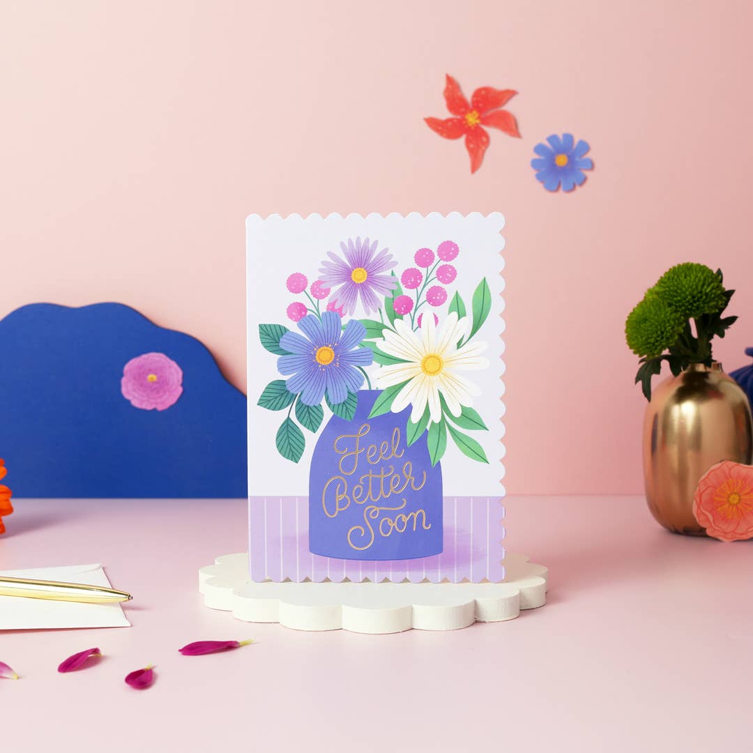 Feel better soon card. Vase of flowers.
