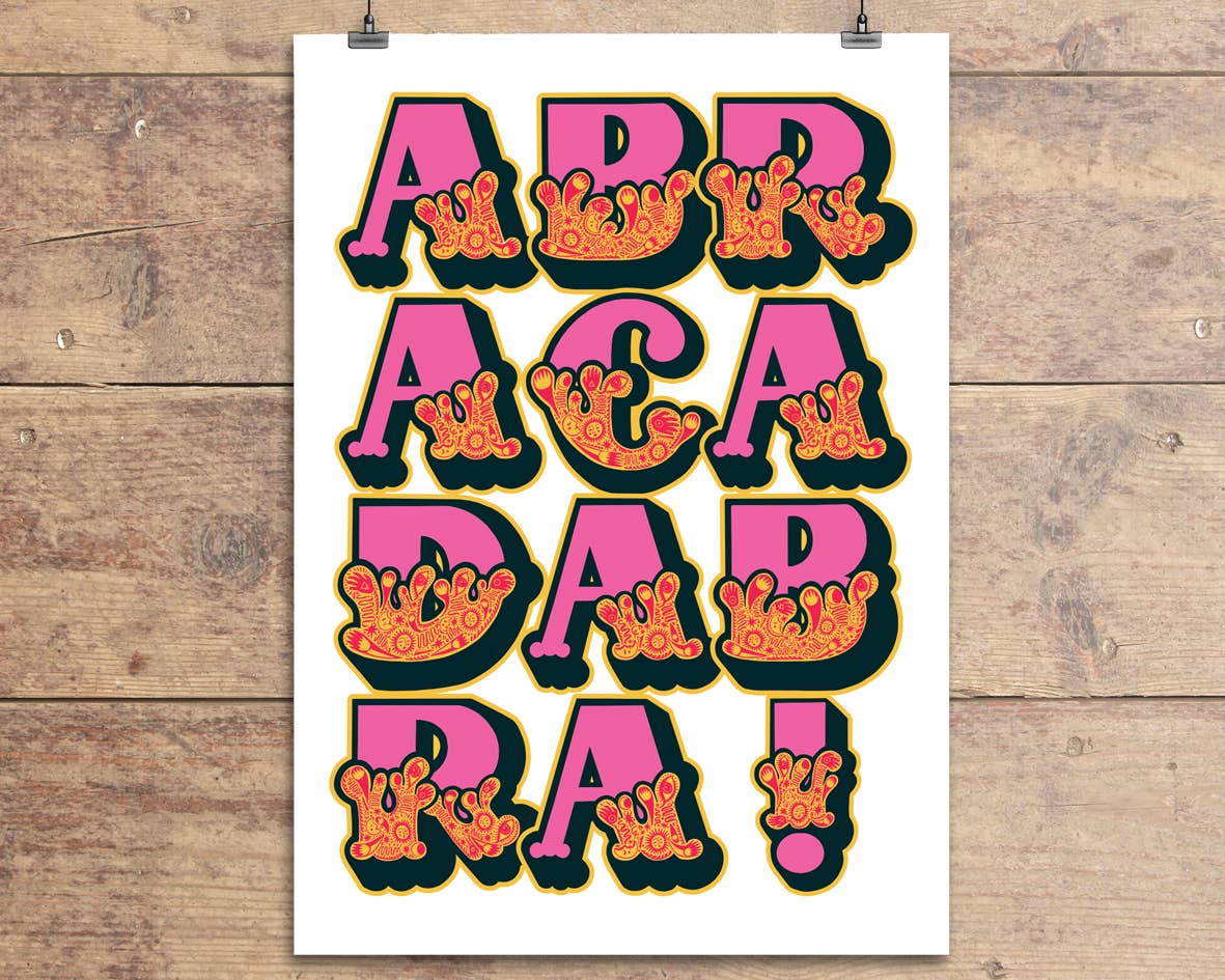 Abracadabra! in fancy pink and orange text. Card is blank inside.