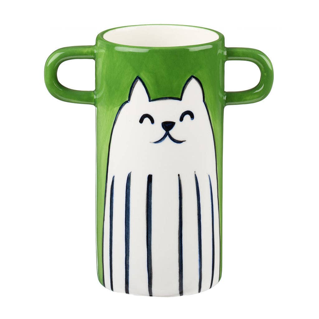 Green vase with handles and white cat illustration.