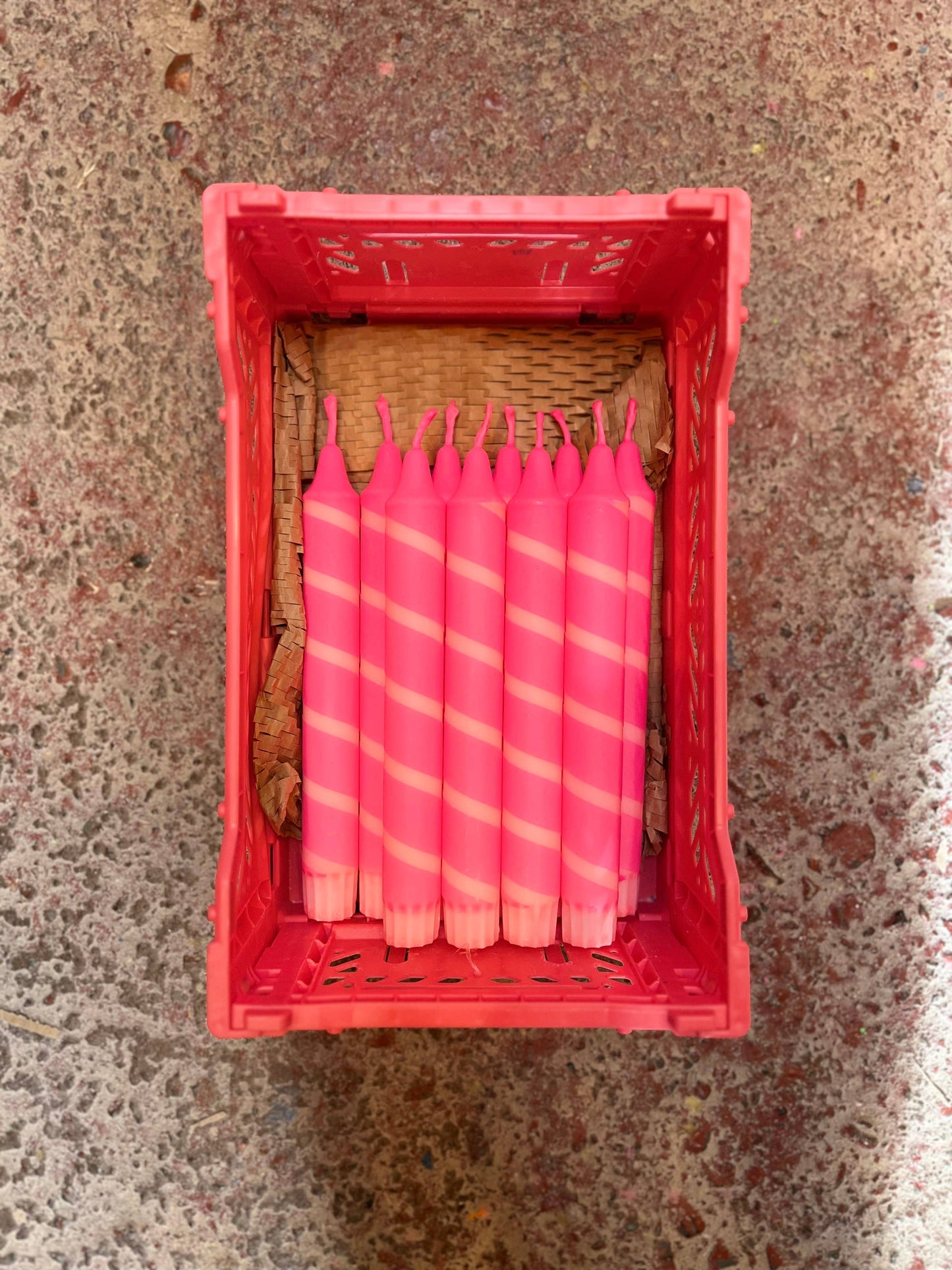 Peach & Neon Pink thin stripe Dinner Candle