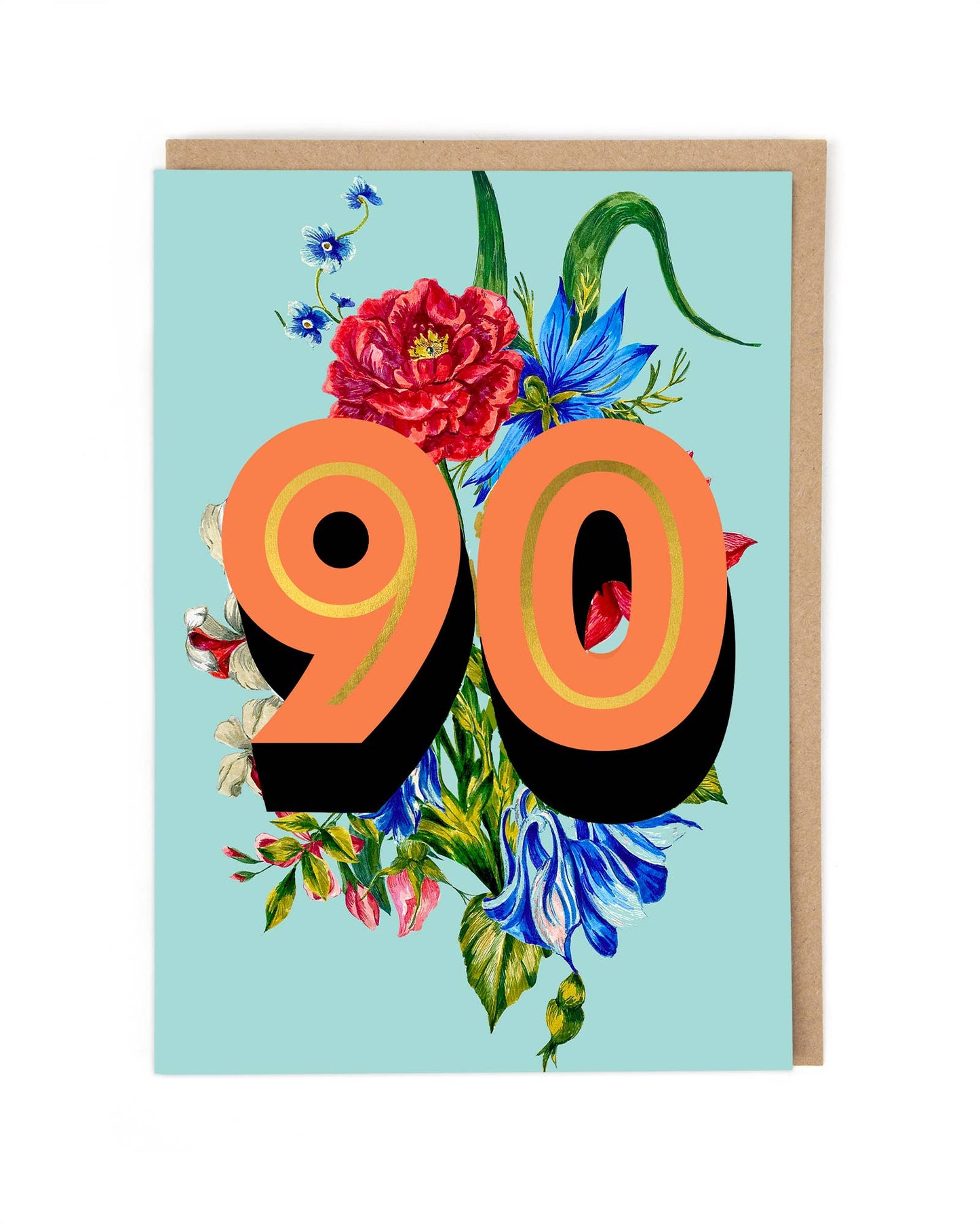 Vibrant 90 with flowers and blue background. Card blank inside.