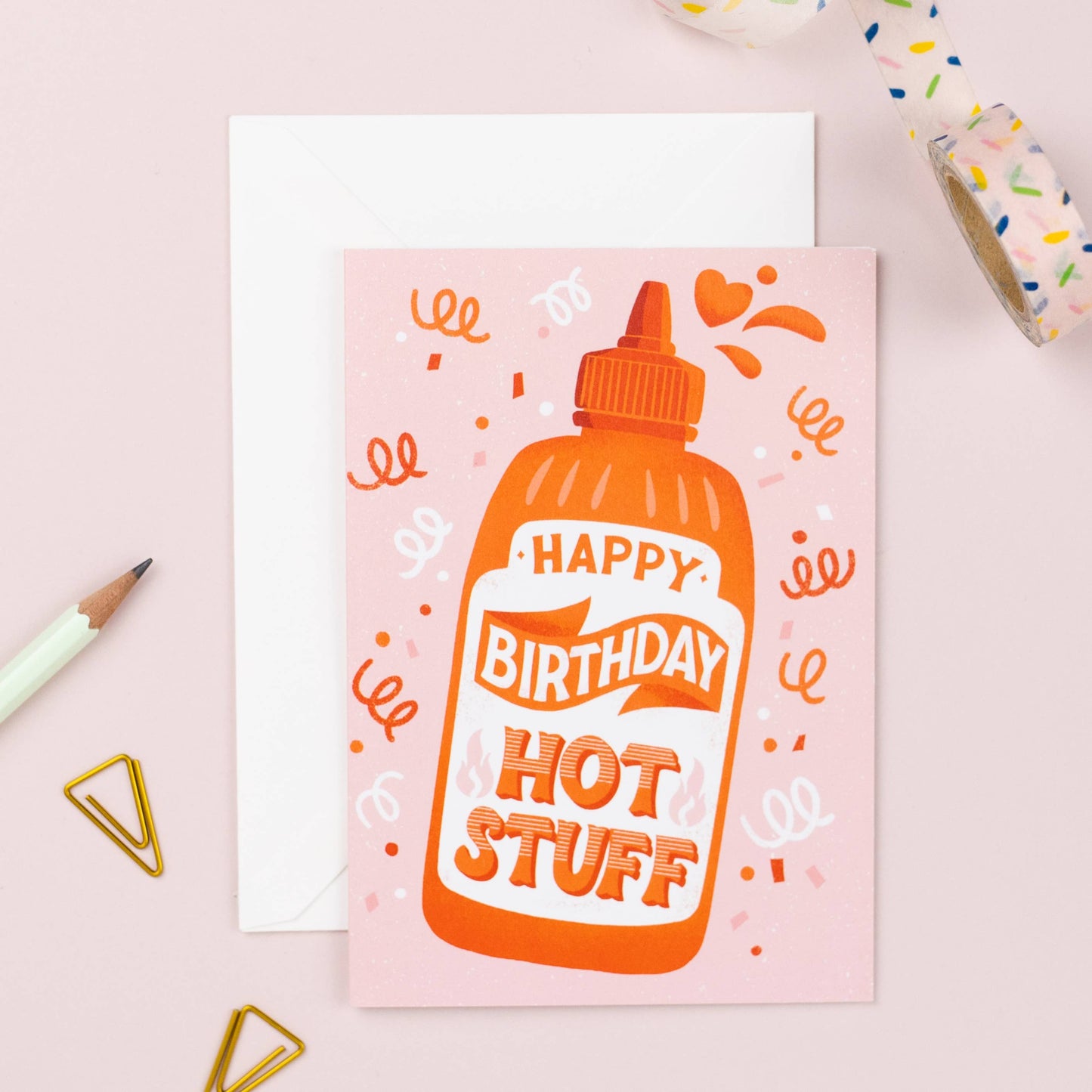 Birthday Card. Happy Birthday Hot Stuff. Illustration of a chilli sauce bottle.