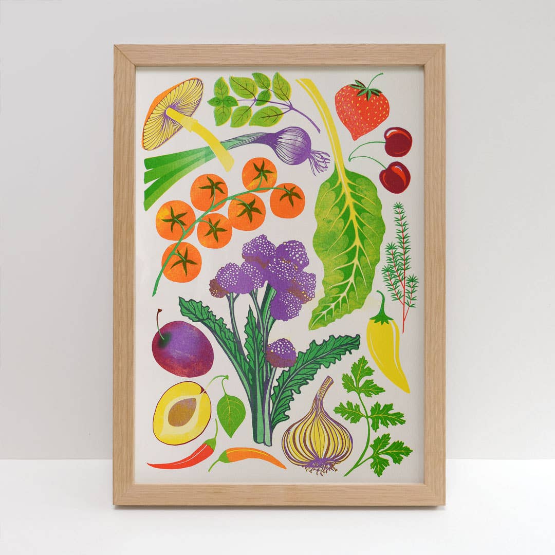 Colourful risograph print of vegetables.