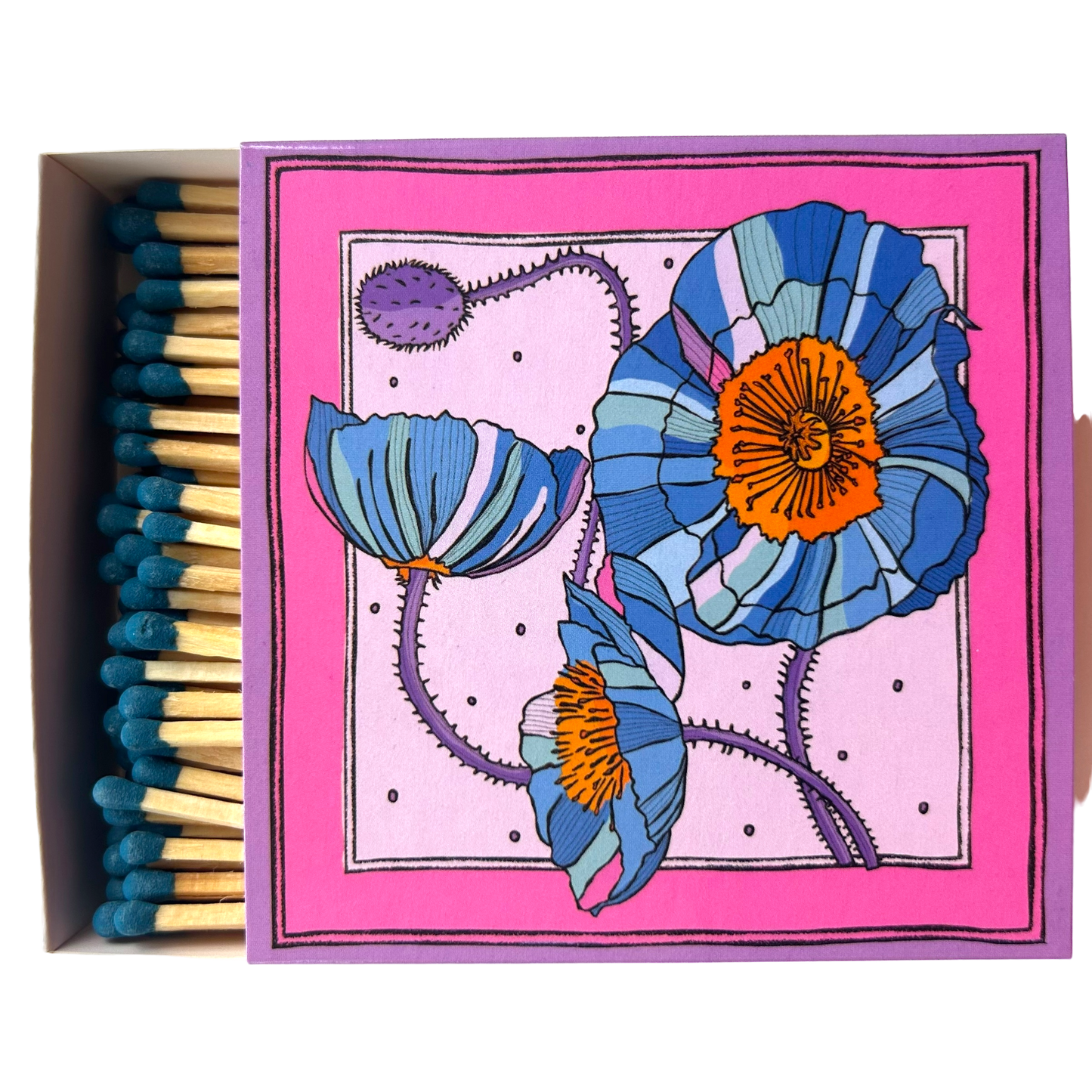 Matches in a beautifully illustrated blue box with blue poppies and a pink background.