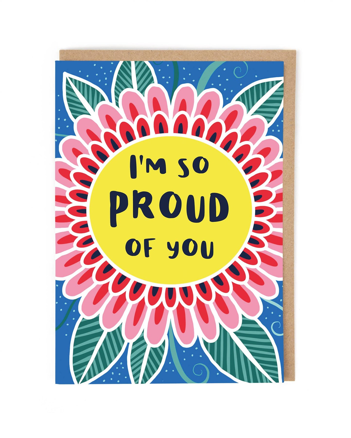 Greeting card with a colorful flower design and 'I'm so proud of you' text on a blue background.