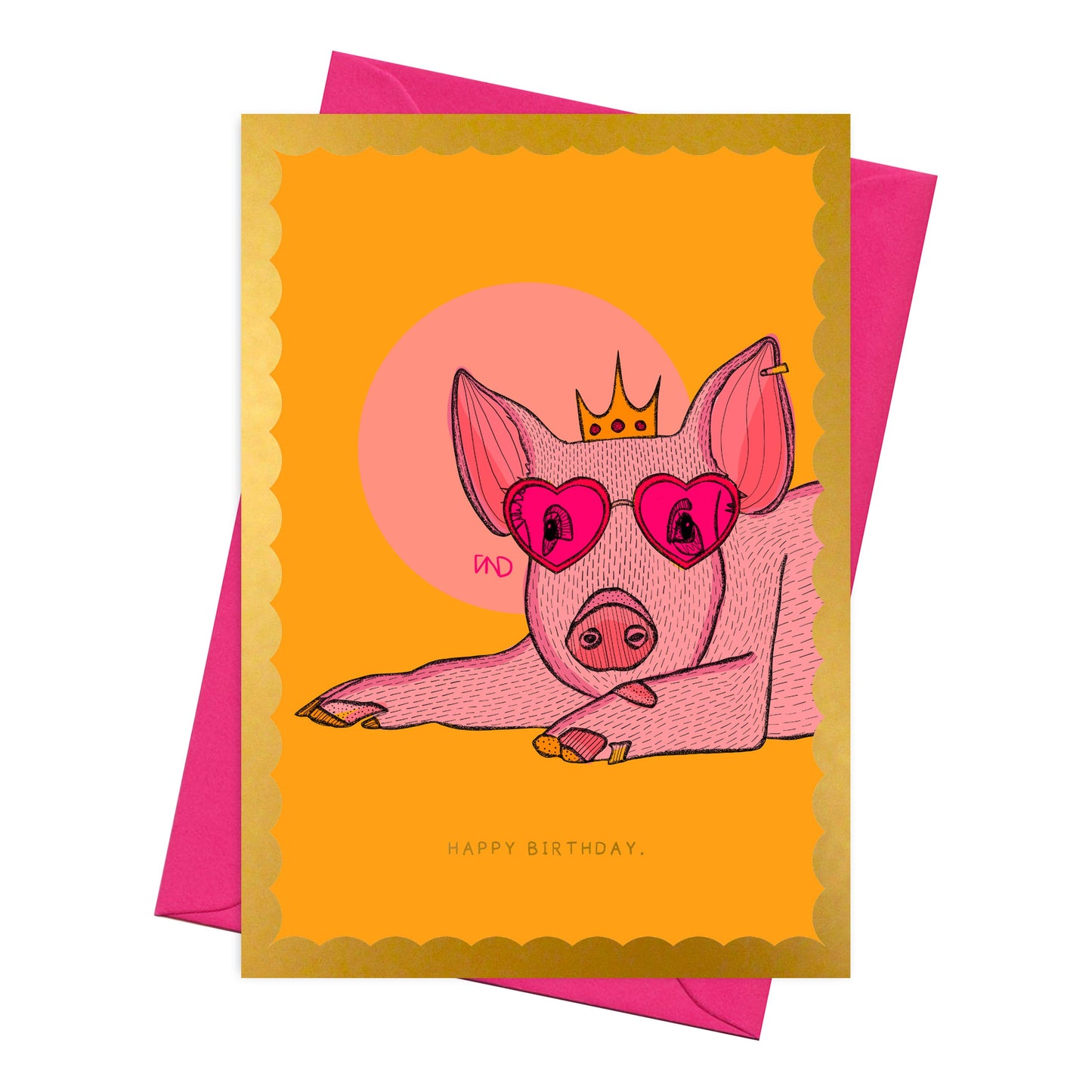 Sassy pig wearing a crown birthday card. Blank inside.