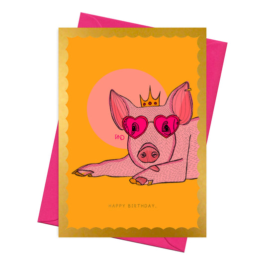 Sassy pig wearing a crown birthday card. Blank inside.