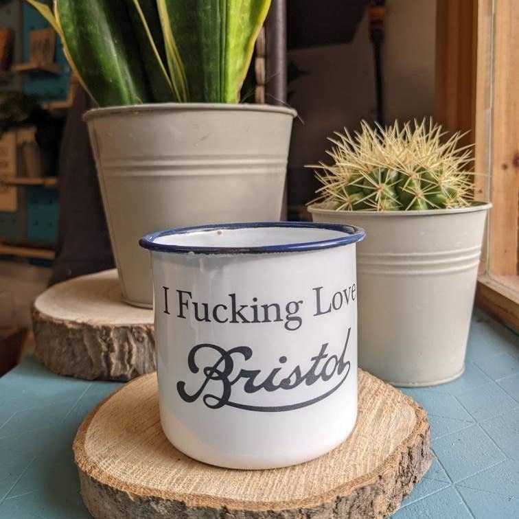 Enamel tin mug with laser cut scroll Bristol or I Fucking Love Bristol.