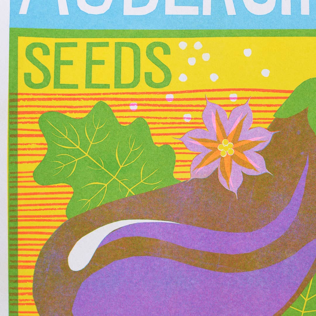 Brightly coloured risograph print of an aubergine seed packet.