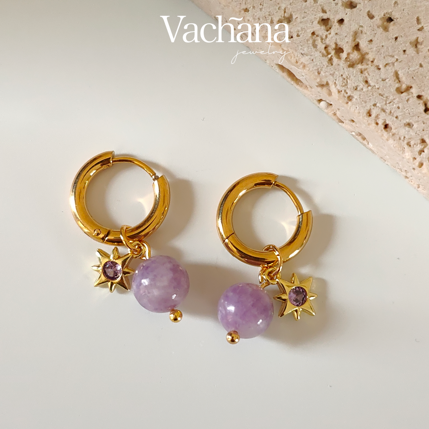 Gold plated hoops with purple gem stone and star