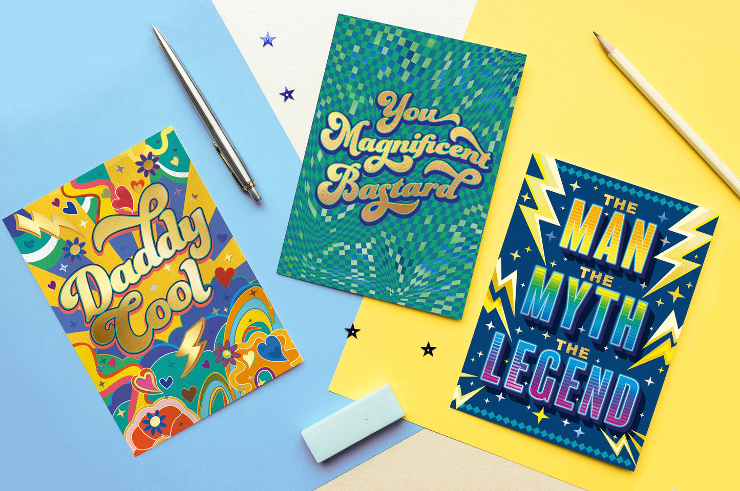 Gold Daddy Cool Card with vibrant colours . Blank inside.