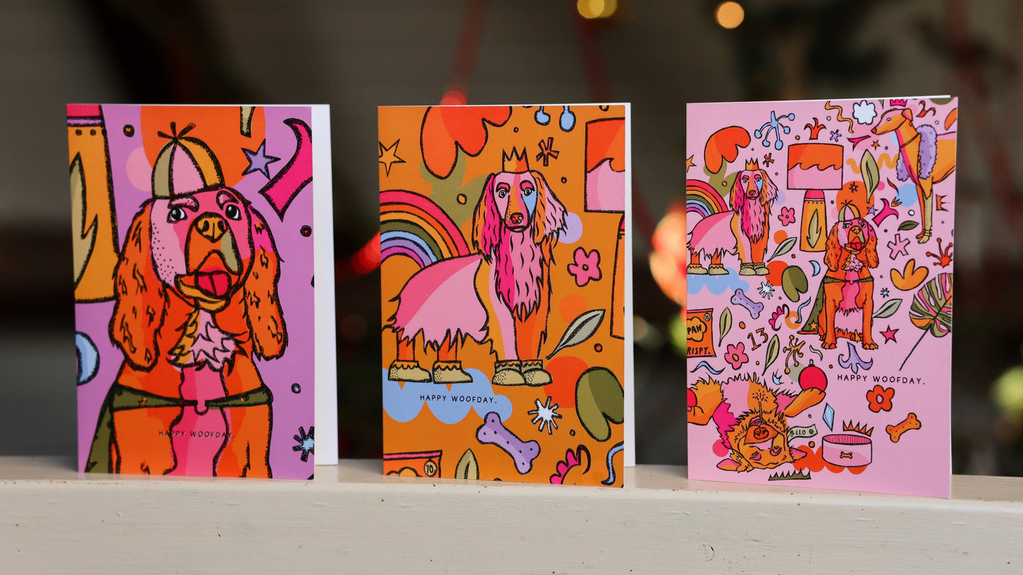 Card featuring a dachshund wearing crown. Happy Woofday Card