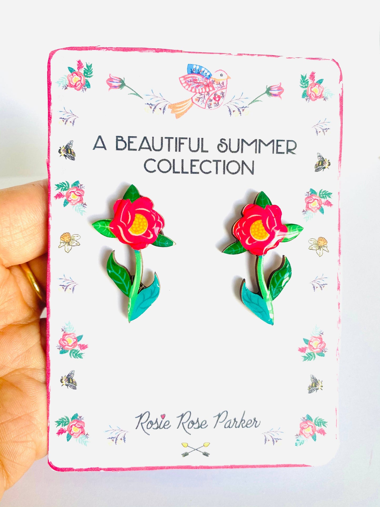 Resin and wooden flower earrings with stem.