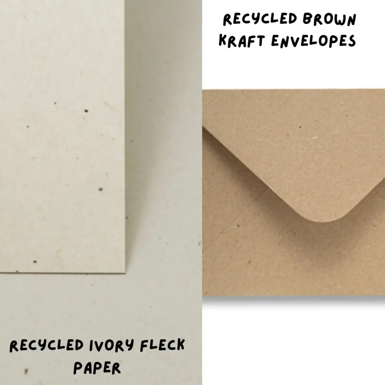 Recycled brown kraft envelopes and recycled ivory fleck paper on a white background