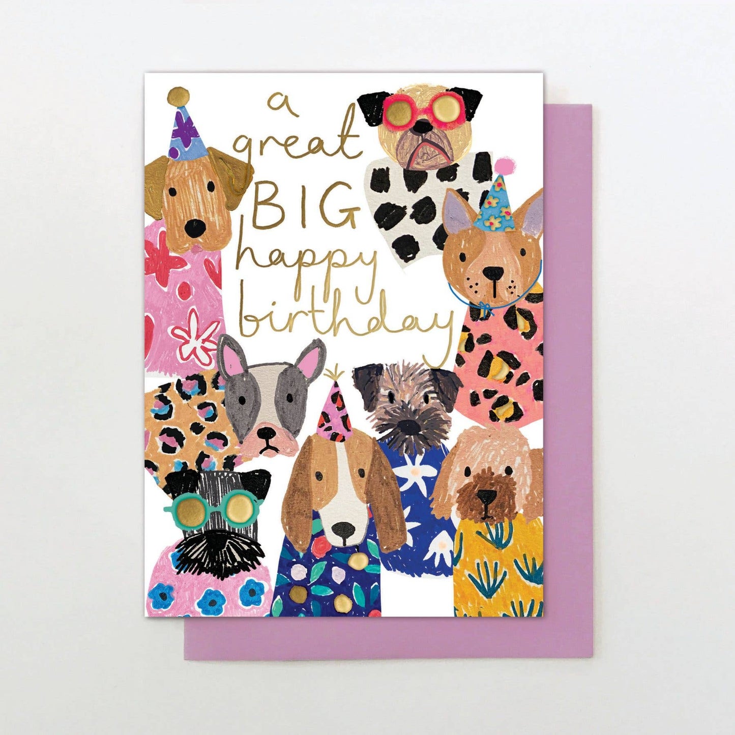 Birthday card with illustrated dogs wearing party hats and clothing on a white background