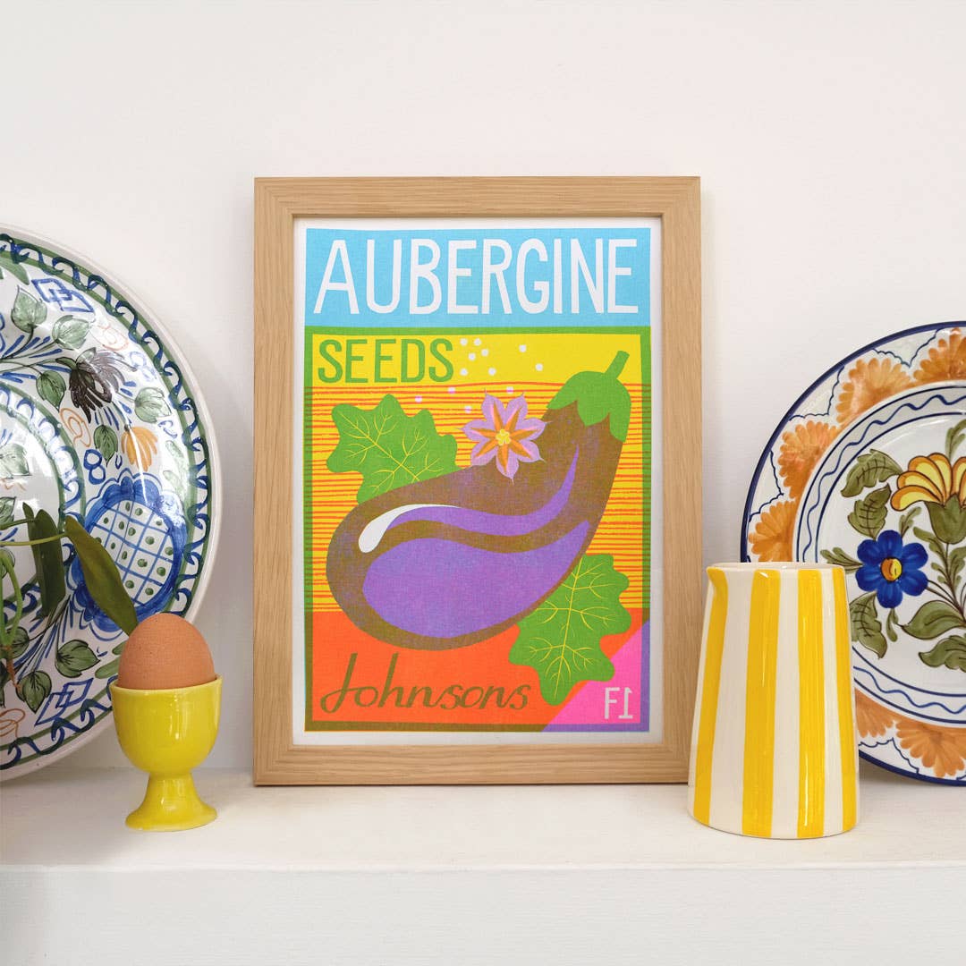 Brightly coloured risograph print of an aubergine seed packet.