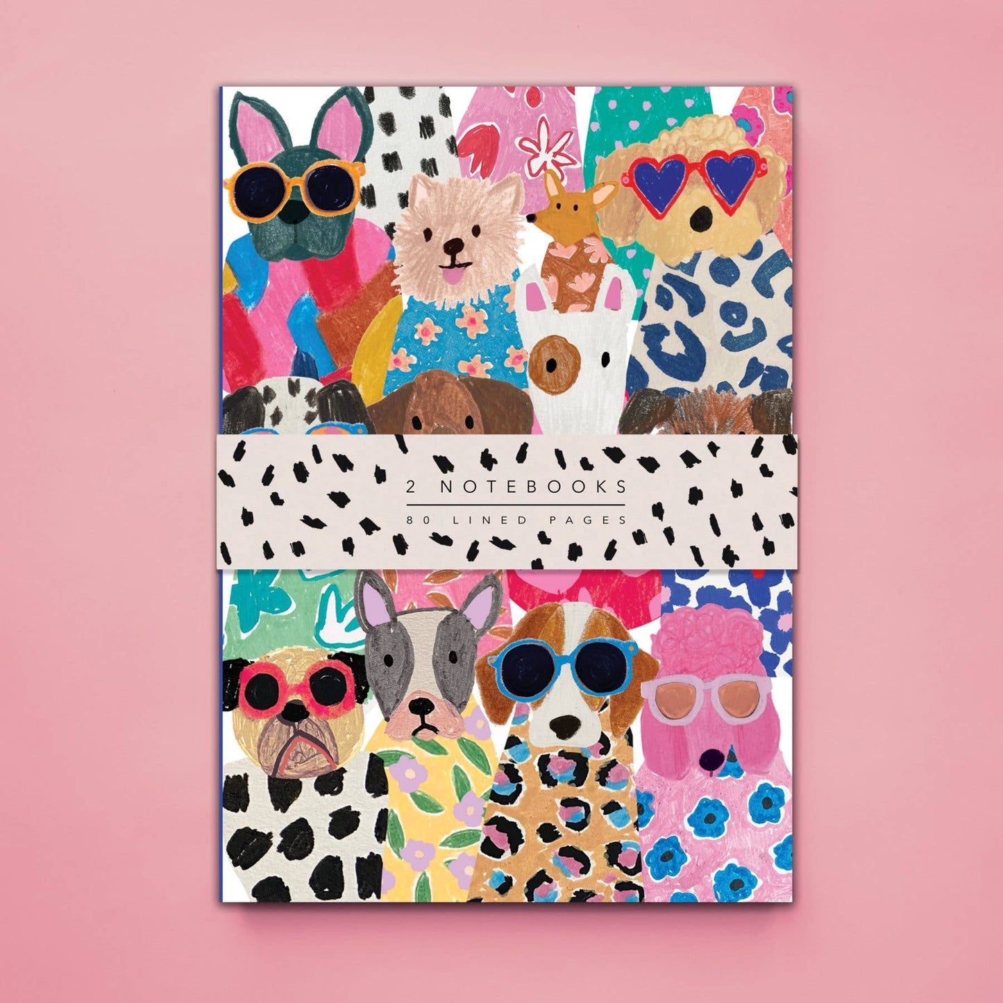 Set of two notebooks with colorful animal designs on a pink background