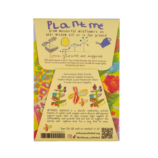 Colorful seed packet with planting instructions and artistic designs on a white background