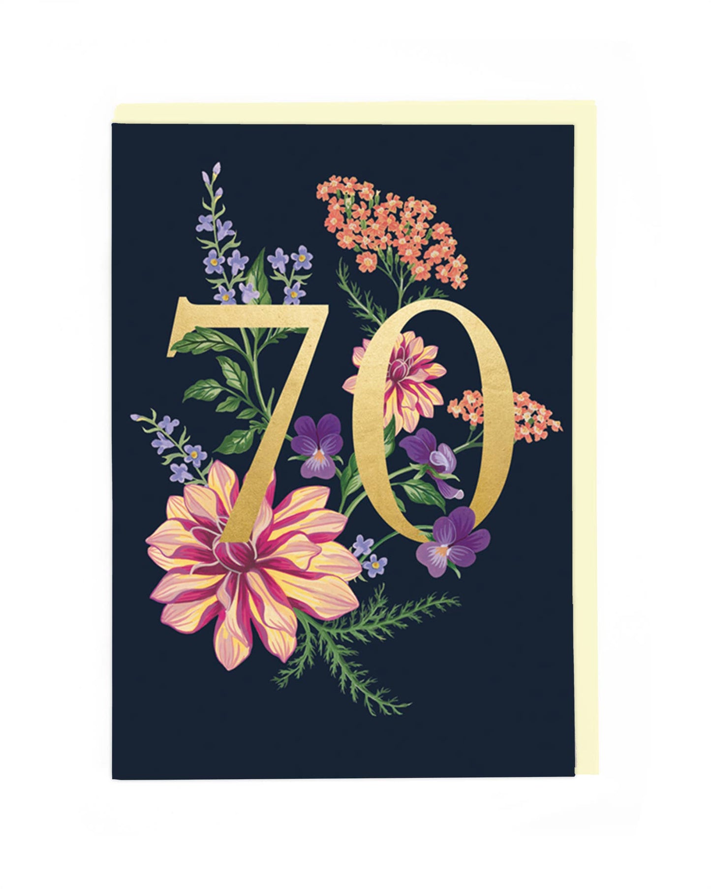Gold 70 with flowers on a dark background. Card blank inside.