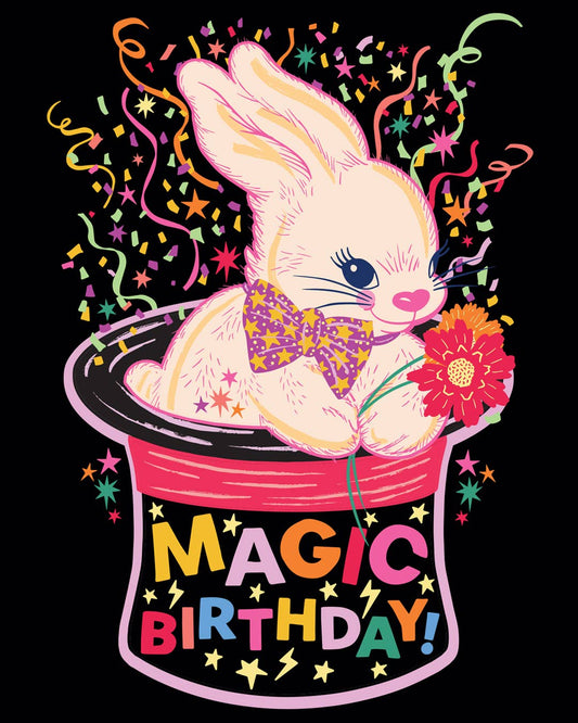 Magic Rabbit Birthday Card. Blank inside. Rabbit in a top hat.
