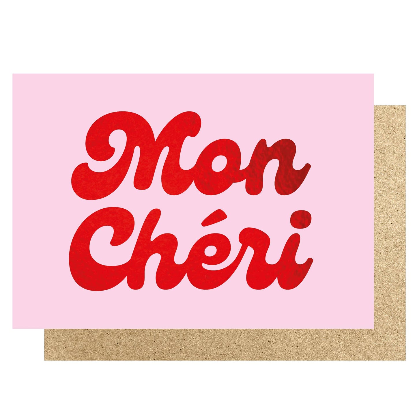 Card with 'Mon Chéri' text in red on a pink background