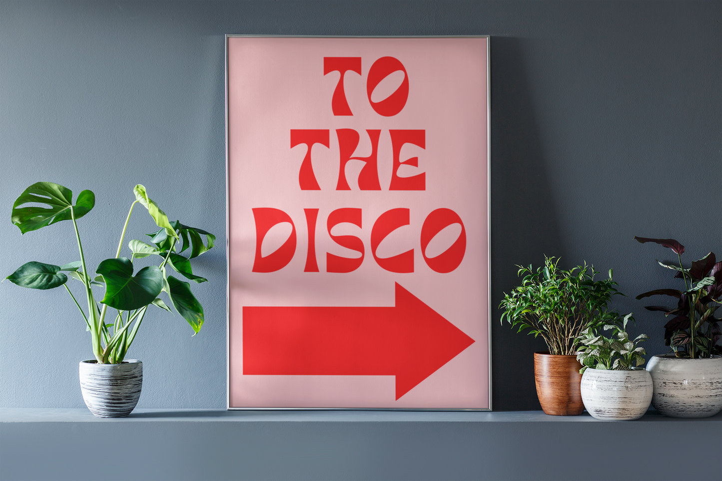 Print to the disco with arrow in red on pink background. Available in various sizes.