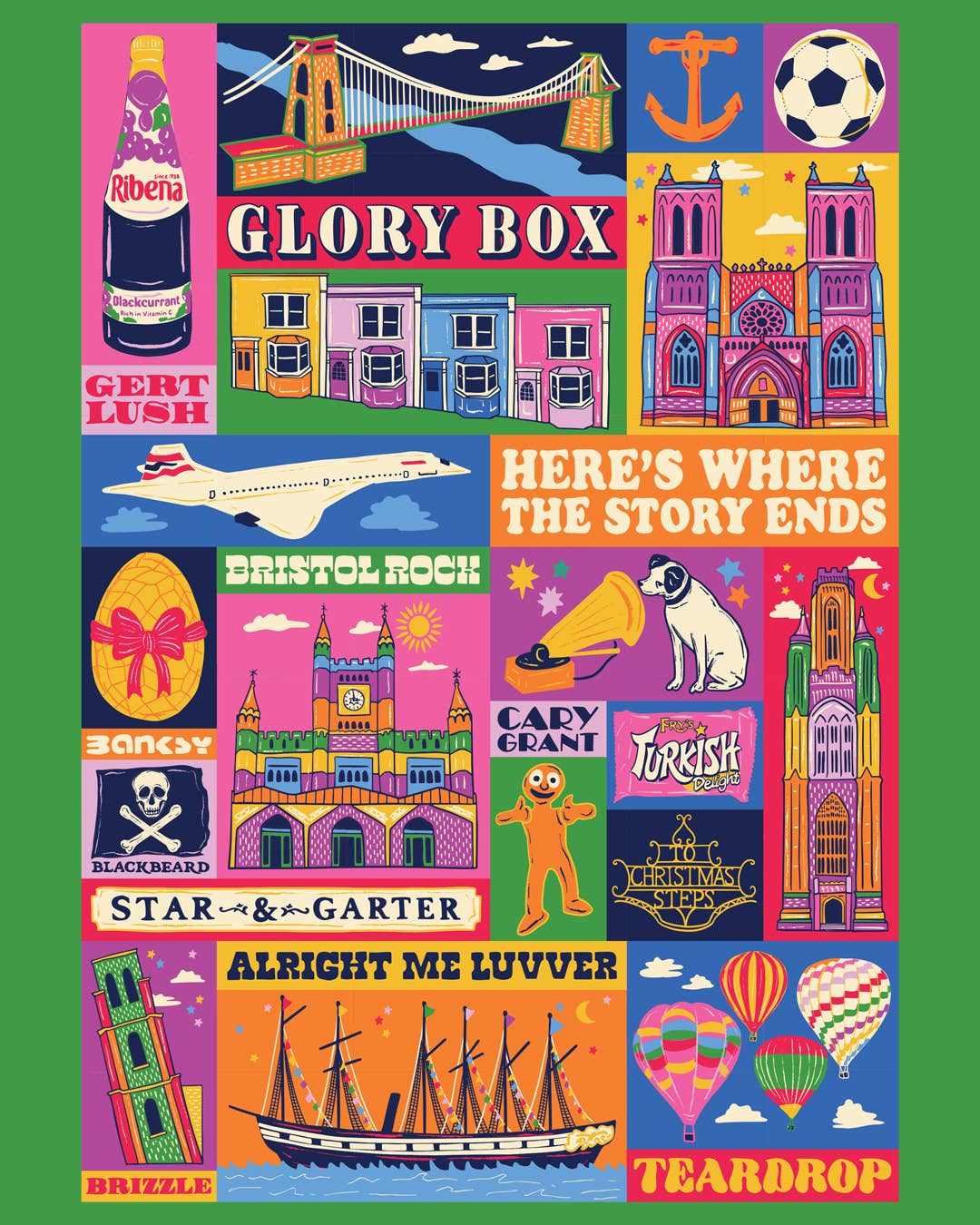 Colourful illustrated print of Bristol achitecture, phrases, sights etc