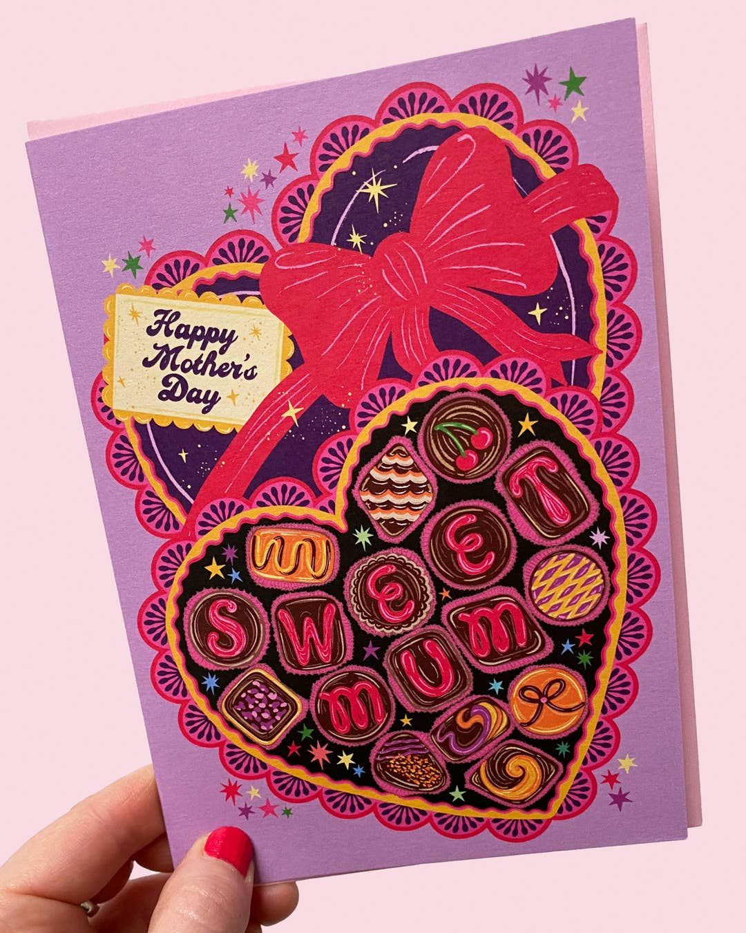 Mother's Day Card, blank inside. Chocolate box in heart shape with sweet Mum