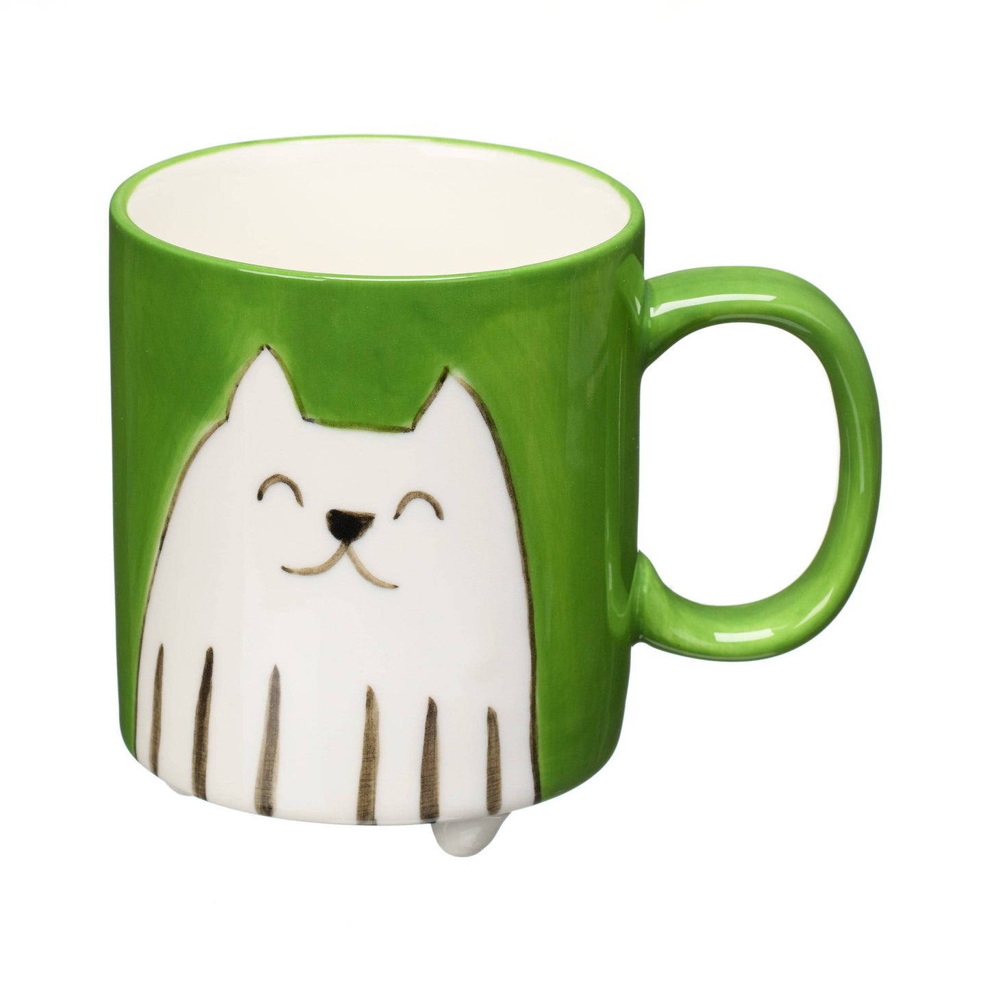 Green mug with a white cat design on a white background