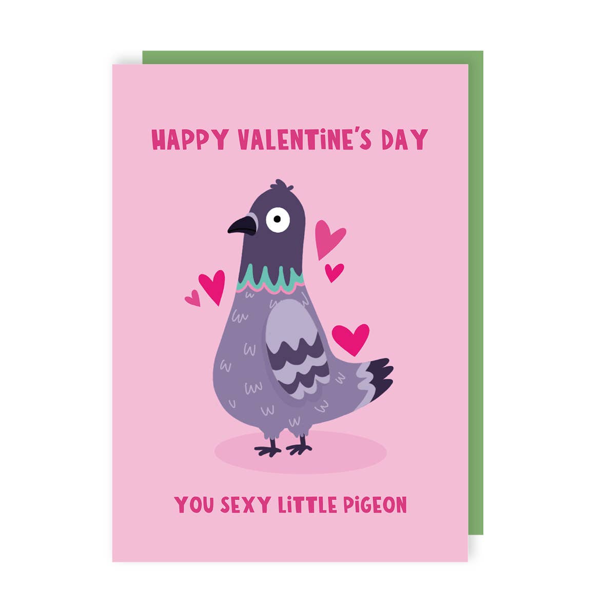 Valentine's Day card with a cartoon pigeon and hearts on a pink background