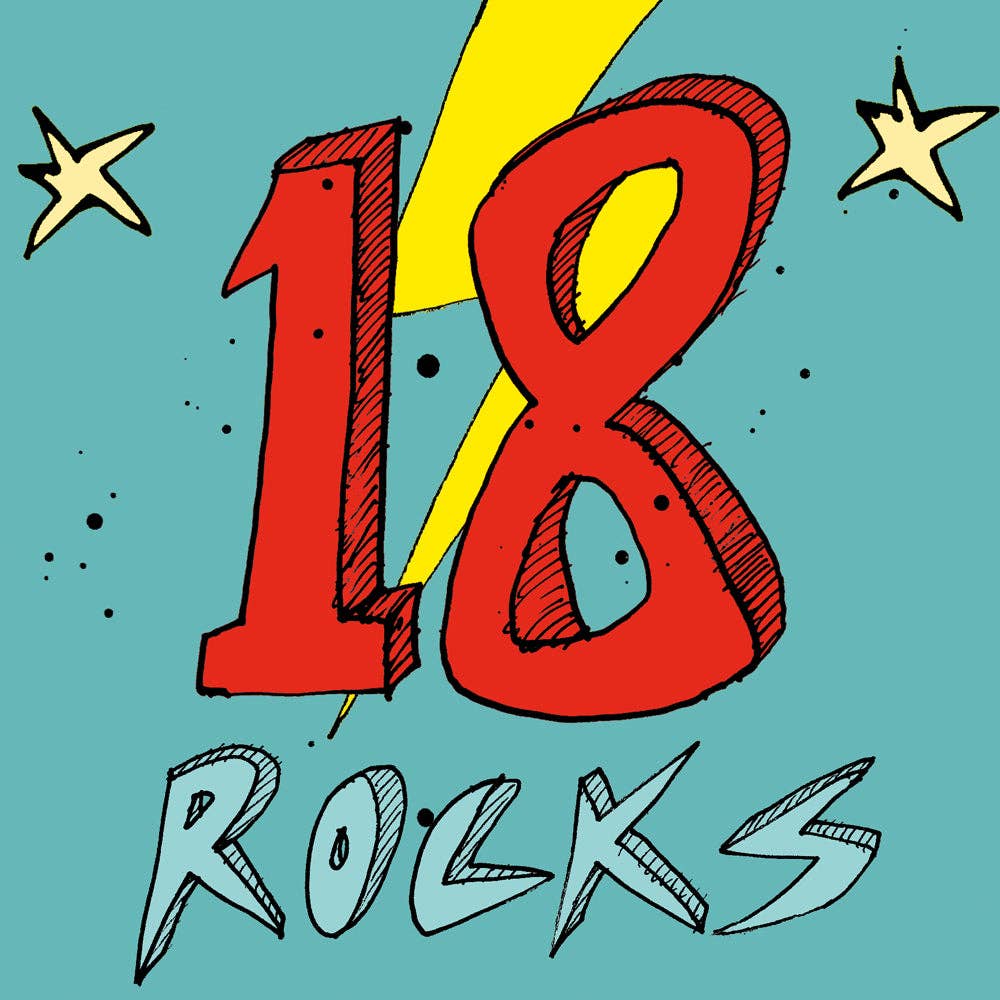 Red number '18' with a yellow lightning bolt and stars on a blue background, featuring the text '18 Rocks'.