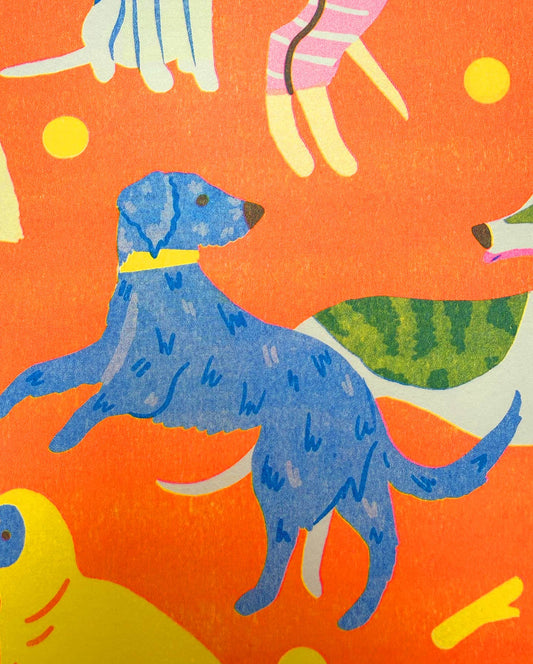 Colorful pattern of dogs on an orange background
