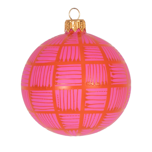 Lines Glass Christmas Bauble Orange on Pink, 8cm