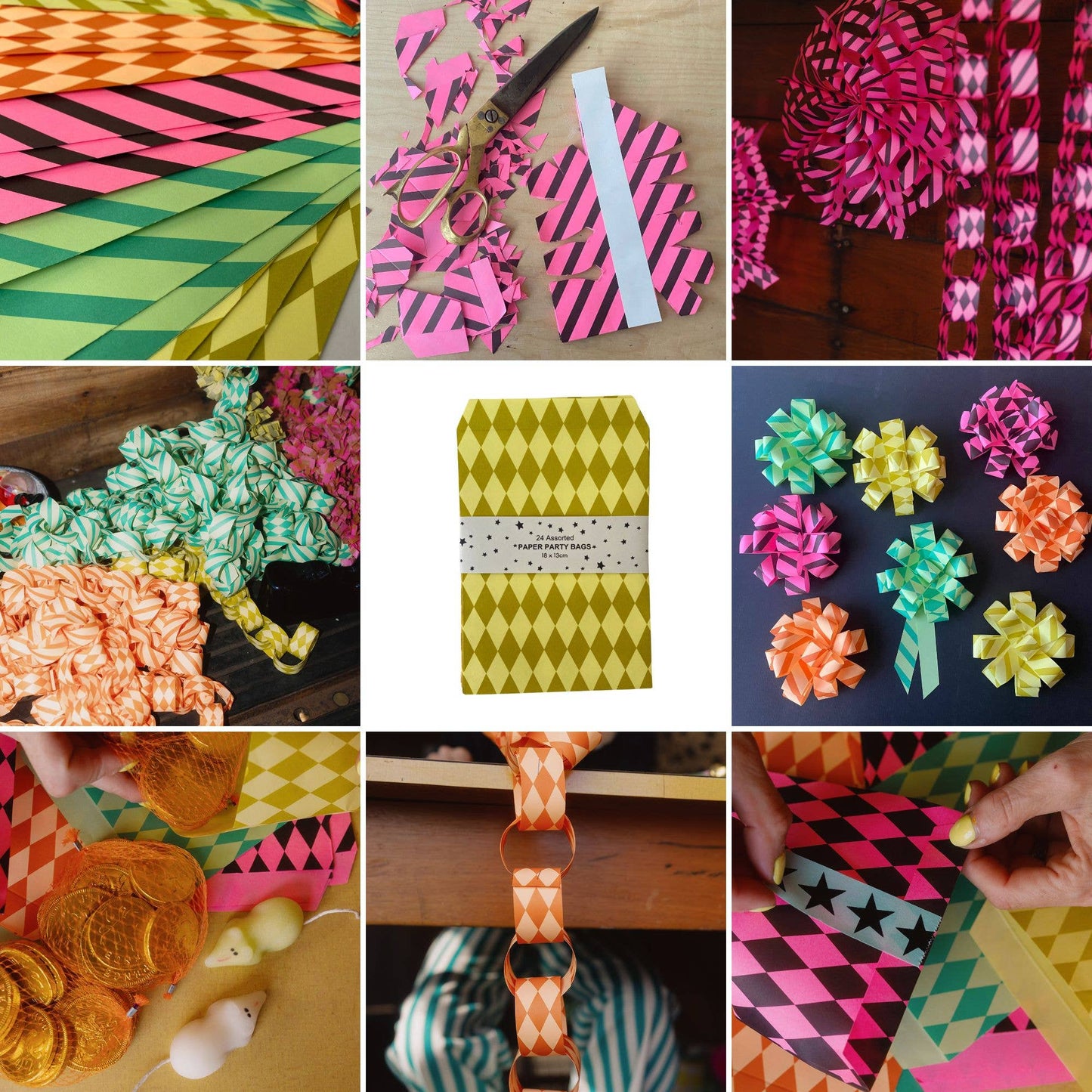Collage of colorful paper crafts and decorative items.