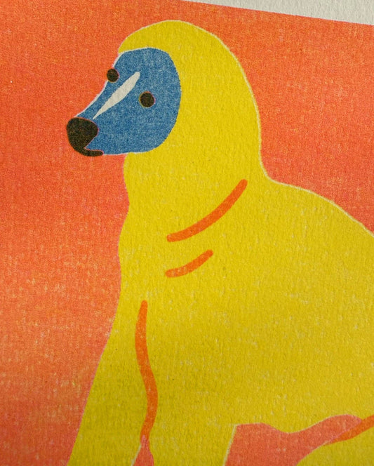 Yellow creature with blue face on an orange background