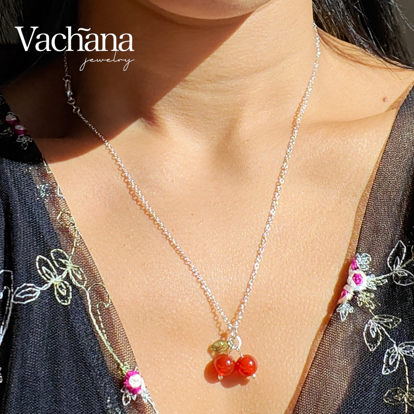 Cherry pendant with acrylic leaf on sterling silver chain,