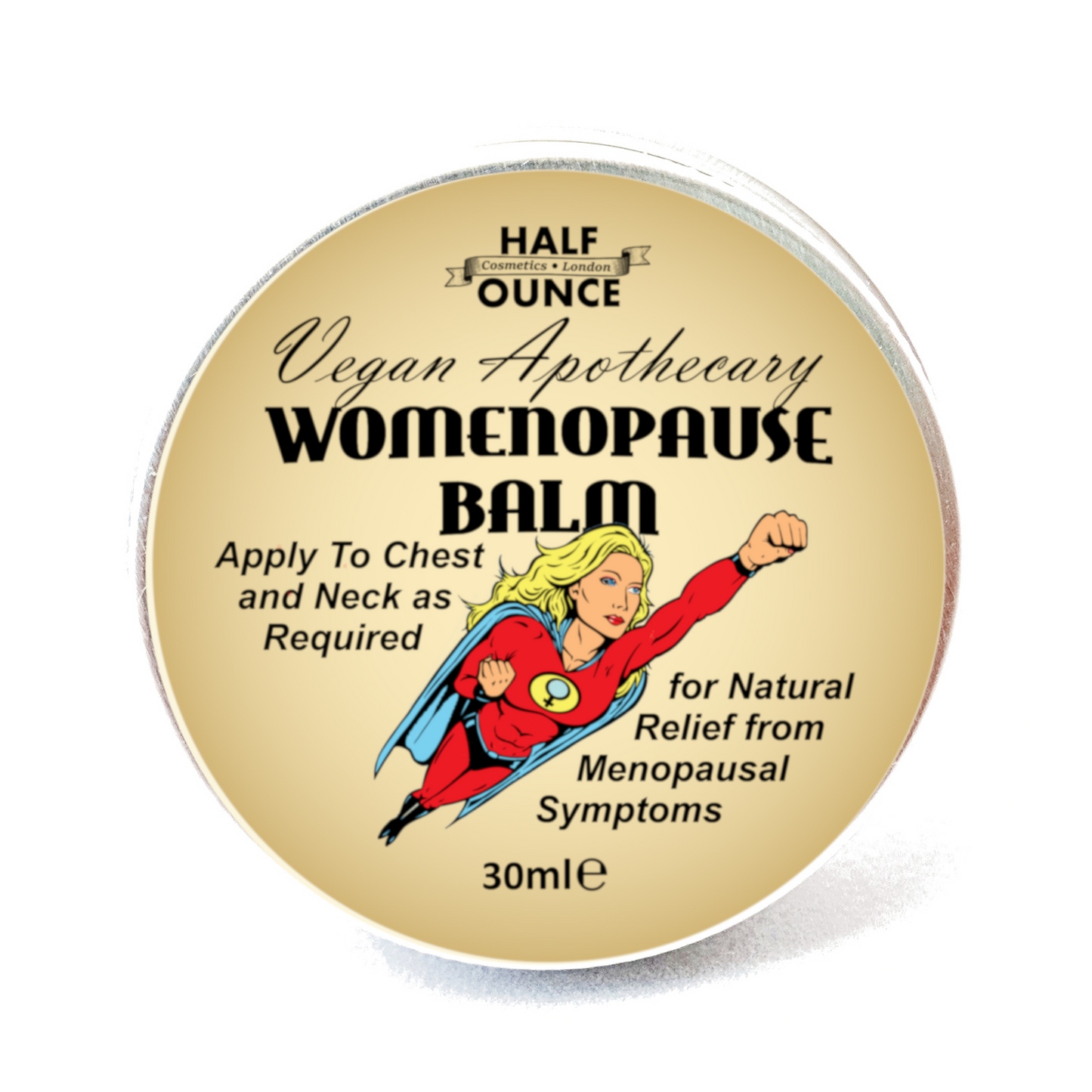 Vegan Apothecary Womenopause Balm container with superhero illustration on a white background