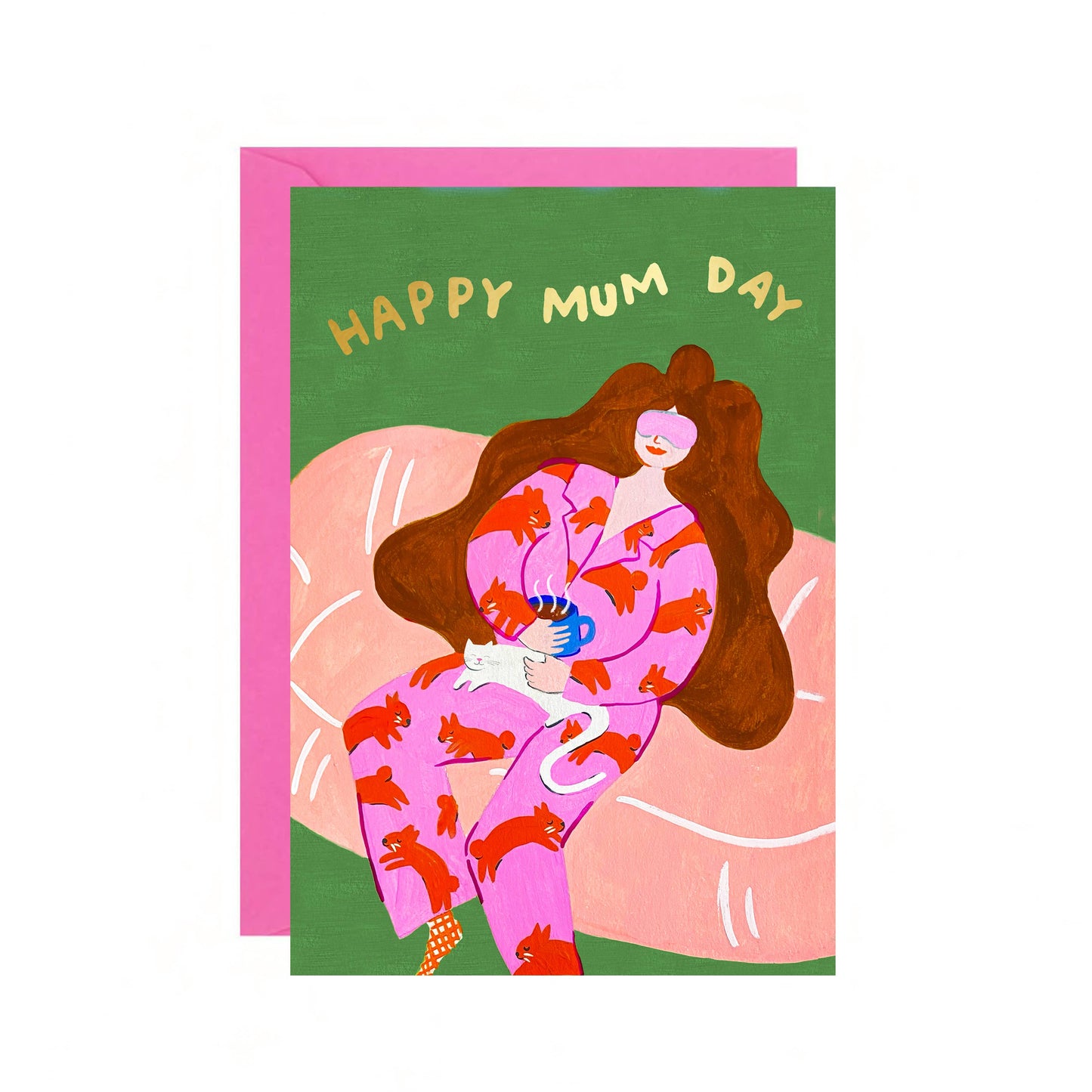 Greeting card with illustration of a woman in a pink outfit and 'Happy Mum Day' text on a green background.