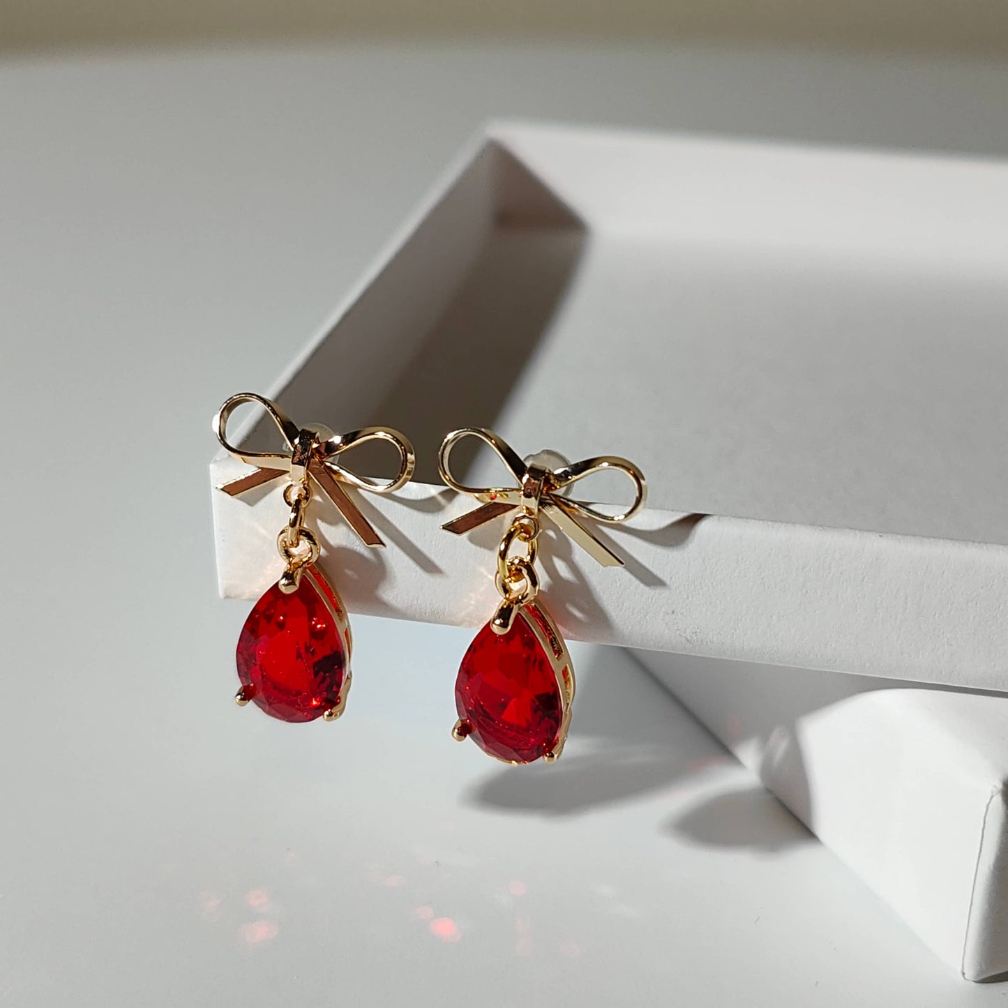 Red Cubic Zirconia Teardrop Bow Earrings
