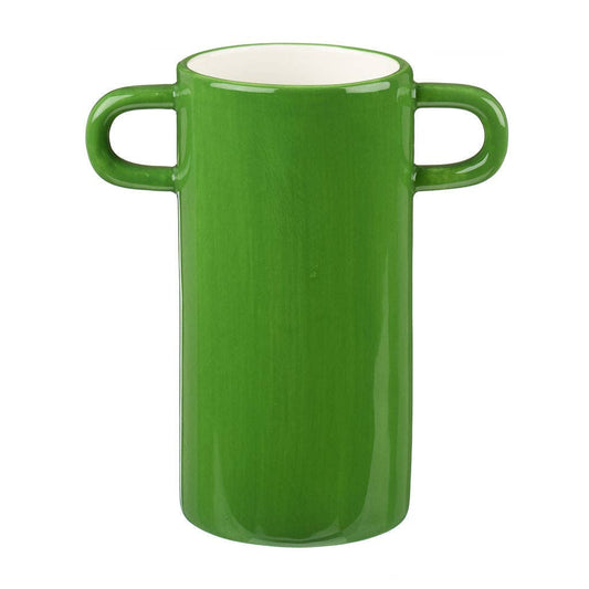 Green vase with handles and white cat illustration.