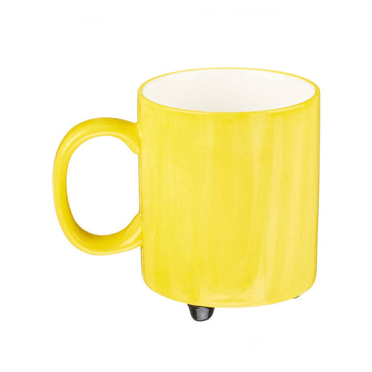 Yellow mug with a black bottom on a white background