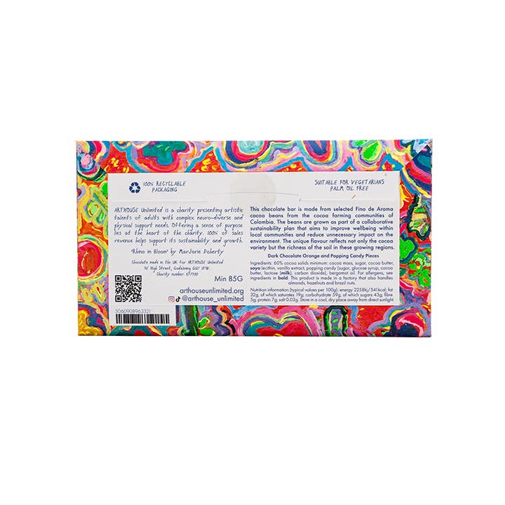 Colorful candy bar packaging with text and a QR code on a white background