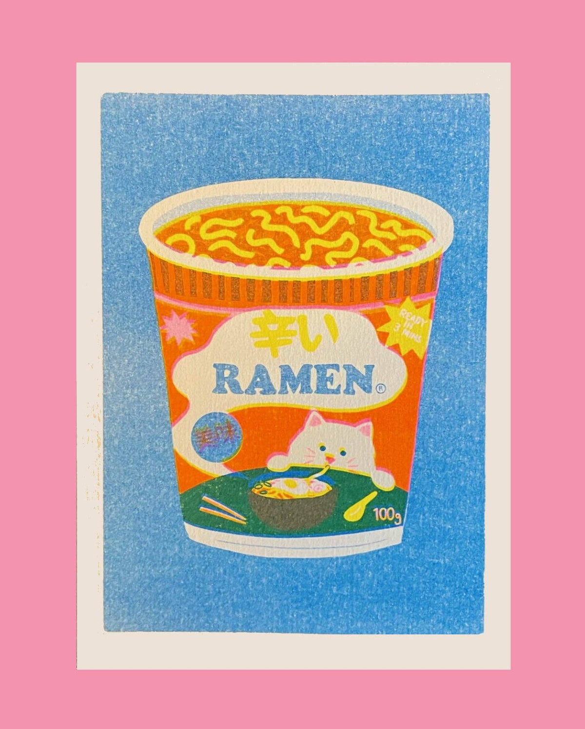 Cup of ramen with a cartoon cat on a blue background
