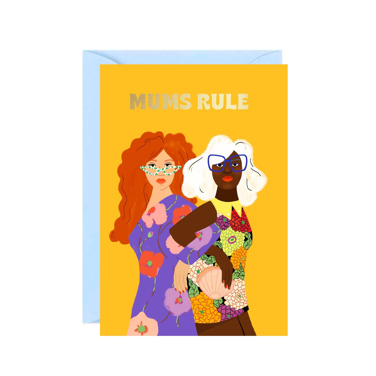 Greeting card with illustration of two women and 'Mums Rule' text on a yellow background