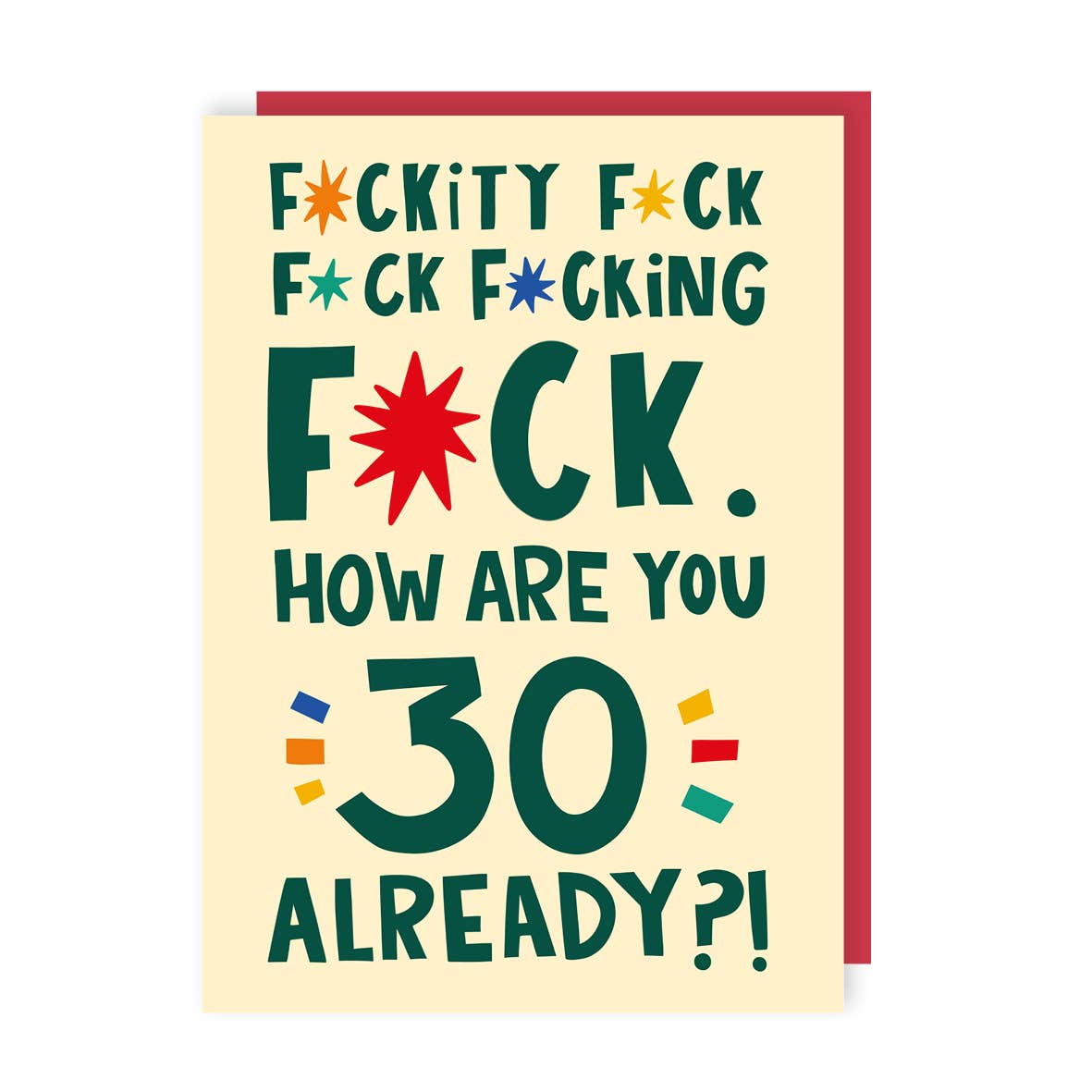 Greeting card with colorful text expressing surprise at turning 30.